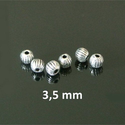 20 minuscules perles rondes striées, 3,5 mm, trou 1 mm, métal argenté