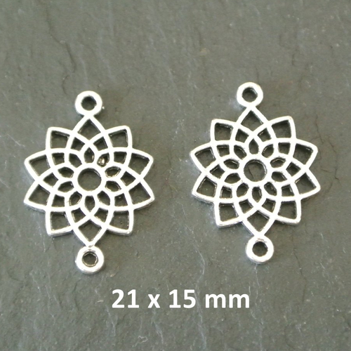 10 connecteurs métal argenté, 20 x 15 mm, forme fleur mille pétales, 7e chakra de l'hindouisme