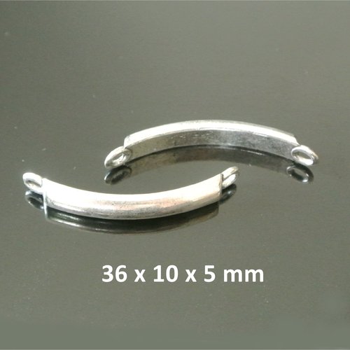 Paire de connecteurs courbes et lisses, 36 x 10 x 5 mm, métal argenté, 2 trous