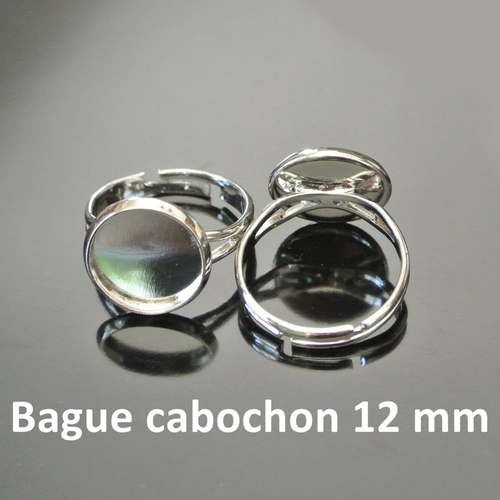 Paire de bagues réglables supports cabochon rond 12 mm, laiton argent, taille 52 à 56 voire 57