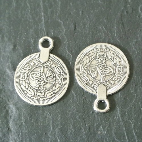 10 breloques pièces métal argenté motif indien 24 x 19 mm pour bijoux style bohème, trou 3 mm