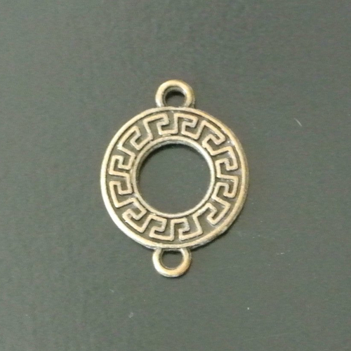 4 connecteurs plats et ronds métal bronze, anneau  gravé décor grec, 20 x 15 x 2 mm, 2 anneaux d'accroche