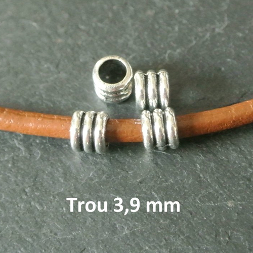 20 perles tubes à bourrelets 6 x 5 mm, trou 3,9 mm, métal argenté