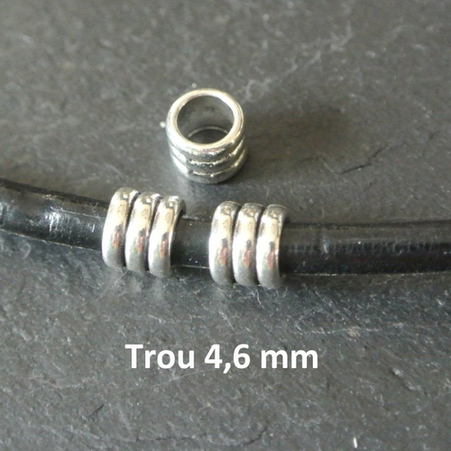 20 perles tubes à bourrelets 6 x 5 mm, trou 4,6 mm, métal argenté