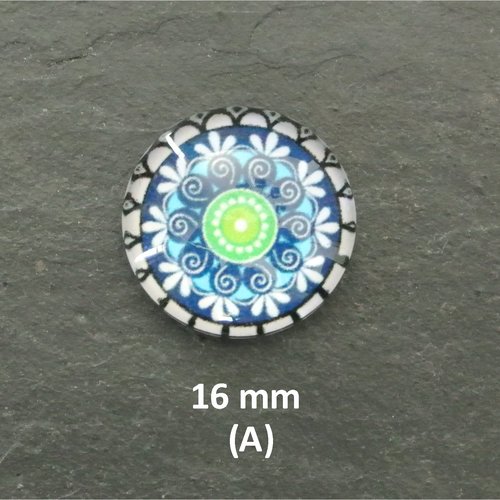 2 cabochons ronds 16 mm (a), dôme bombé 5 mm en verre sur impression papier à coller sur un support, tons vert, bleus