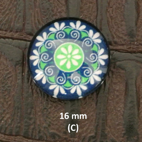 2 cabochons ronds 16 mm (c), dôme bombé 5 mm en verre sur impression papier à coller sur un support, tons vert, bleu et blanc