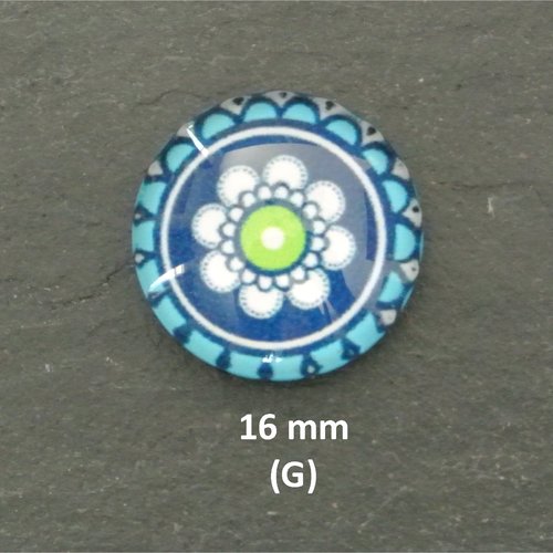 2 cabochons ronds 16 mm (g), dôme bombé 5 mm en verre sur impression papier à coller sur un support, tons blanc, bleu et vert