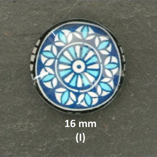 2 cabochons ronds 16 mm (i), dôme bombé 5 mm en verre sur impression papier à coller sur un support,  tons bleu et blanc