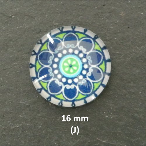2 cabochons ronds 16 mm (j), dôme bombé 5 mm en verre sur impression papier à coller sur un support,  tons vert, bleu et blanc