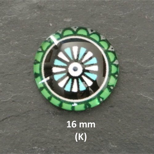 2 cabochons ronds 16 mm (k), dôme bombé 5 mm en verre sur impression papier à coller sur un support, tons vert, bleu, blanc et noir