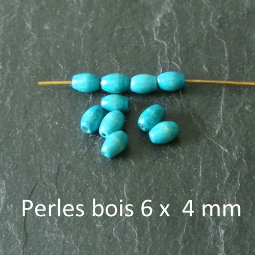 50 petites perles de bois colorées bleu turquoise intense, forme grain de riz 6 x 4 mm, trou 1 mm environ