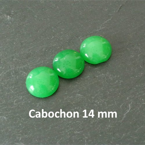 2 cabochons ronds 14 mm, pierre fine bombée verte, base plate