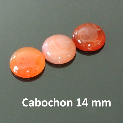 2 cabochons ronds 14 mm, pierre fine bombée agate orange, base plate