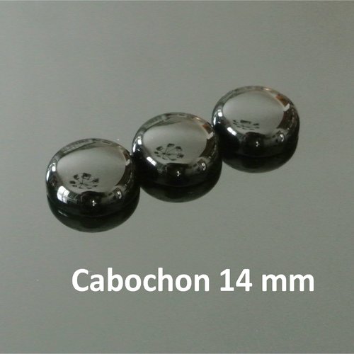 2 cabochons ronds 14 mm, pierre fine bombée onyx noire, base plate