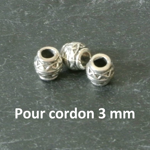 10 perles forme rondelle métal argenté décor géométrique, trou 3,5 mm pour cordon 3 mm