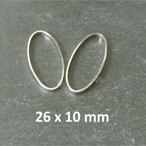 4 breloques anneaux forme ovale 26 x 10 mm, métal argenté très fin