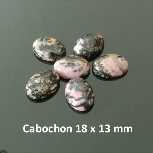 2 cabochons ovales 18 x 13 x 5 mm, pierre fine bombée rhodonite, tons rose inclusions vert foncé-noir , base plate