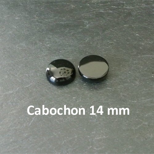 2 cabochons ronds 14 mm, pierre fine bombée onyx agate noire, base plate