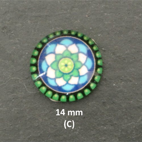 2 cabochons ronds 14 mm (c), dôme bombé en verre, motifs kaléidoscope, tons bleu, blanc, vert
