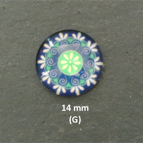 2 cabochons ronds 14 mm (g), dôme bombé en verre, motifs kaléidoscope, tons vert, blanc et bleu