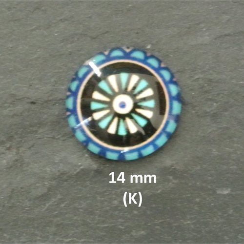 2 cabochons ronds 14 mm (k), dôme bombé en verre , motifs kaléidoscope, tons blanc, bleu et marine