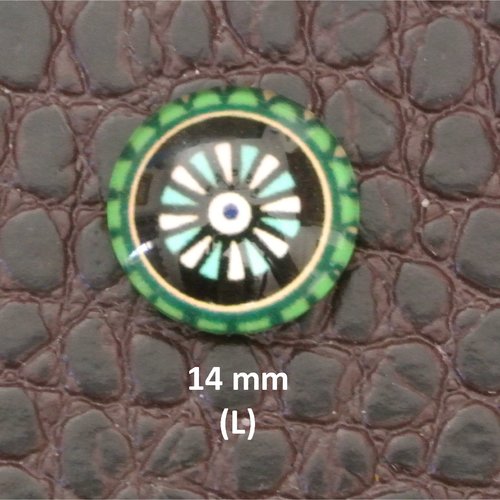 2 cabochons ronds 14 mm (l), dôme bombé en verre, motifs kaléidoscope, tons turquoise, vert, blanc et marine