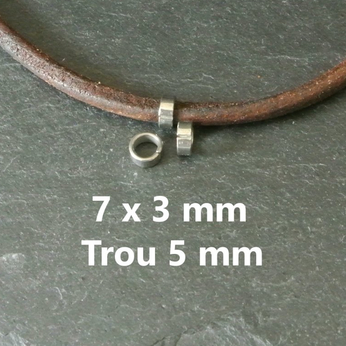 10 perles en acier inoxydable, anneaux 7 x 3 mm, trou 5 mm pour cordon légèrement inférieur