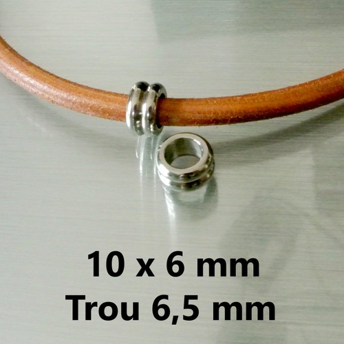 2 perles double rondelle en acier inoxydable, ton platine, 10 x 6 mm, trou 6,5 mm pour cordon 6 mm