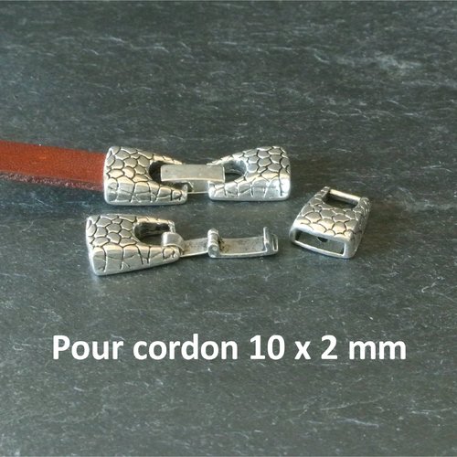 Fermoir à crochet clip pour cordon cuir plat, métal argenté motif peau de serpent, trou : 10,3 x 3 mm pour cordon 10 x 2 mm