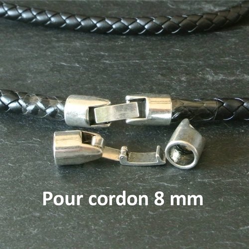 Fermoir à crochet clip pour cordon cuir rond, trou rond pour cordon 8 mm, métal argenté