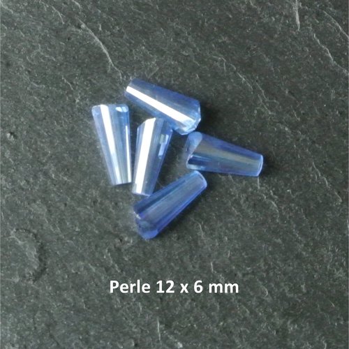 Six perles en verre en forme de cône ou trapèze à facettes 12 x 6 mm, couleur bleu clair irisé,