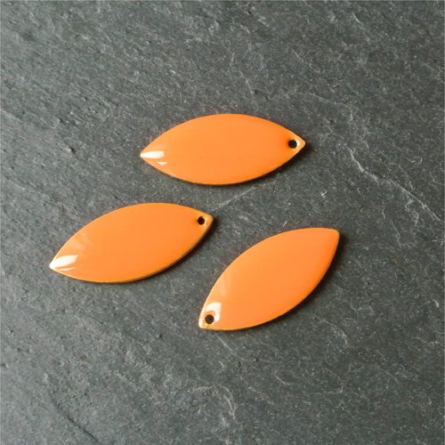 2 breloques td forme navette 23 x 10 mm en cuivre et émail orange, tranche dorée, un trou d’1 mm environ