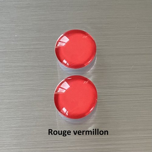2 cabochons ronds 14 mm, dôme bombé 5 mm en verre coloré rouge vermillon sur impression papier à coller sur un support cabochon