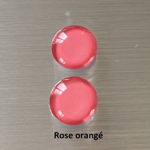 2 cabochons ronds 14 mm, dôme bombé 5 mm en verre coloré rose-orangé sur impression papier à coller sur un support cabochon