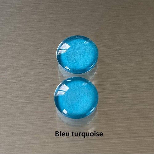 2 cabochons ronds 14 mm, dôme bombé 5 mm en verre coloré bleu turquoise sur impression papier à coller sur un support cabochon