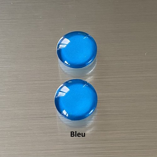 2 cabochons ronds 14 mm, dôme bombé 5 mm en verre coloré bleu sur impression papier à coller sur un support cabochon