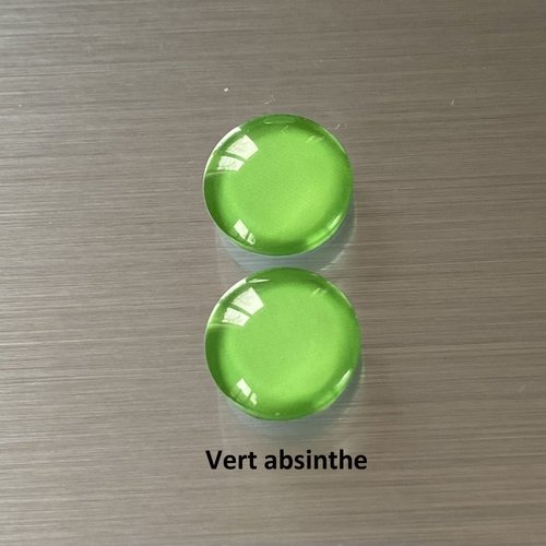 2 cabochons ronds 14 mm, dôme bombé 5 mm en verre coloré vert absinthe sur impression papier à coller sur un support cabochon