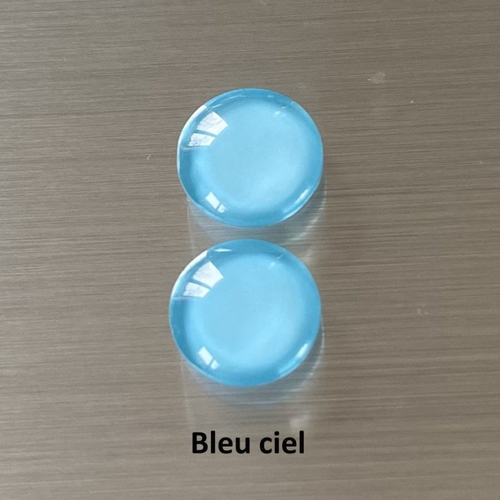 2 cabochons ronds 14 mm, dôme bombé 5 mm en verre coloré bleu ciel sur impression papier à coller sur un support cabochon
