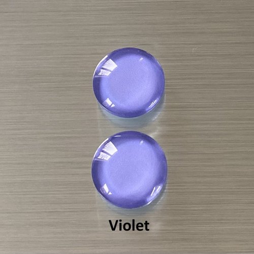 2 cabochons ronds 14 mm, dôme bombé 5 mm en verre coloré violet bleu pâle sur impression papier à coller sur un support cabochon