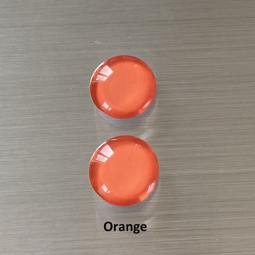 2 cabochons ronds 14 mm, dôme bombé 5 mm en verre coloré orange sur impression papier à coller sur un support cabochon
