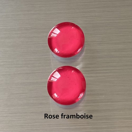 2 cabochons ronds 14 mm, dôme bombé 5 mm en verre coloré rose framboise sur impression papier à coller sur un support cabochon
