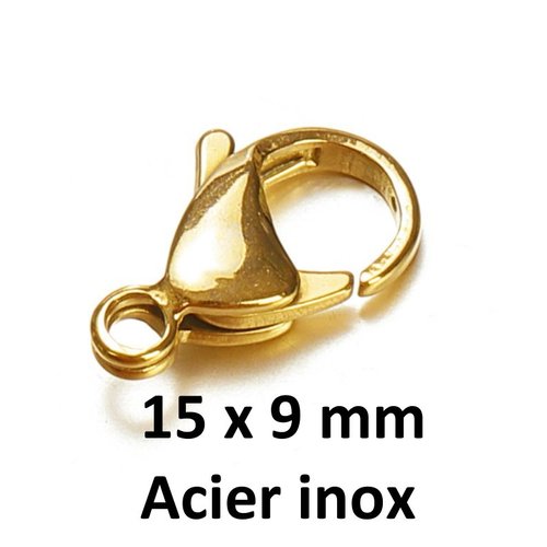 2 fermoirs mousquetons 15 x 9 mm, acier inoxydable ton doré, trou : 2 mm