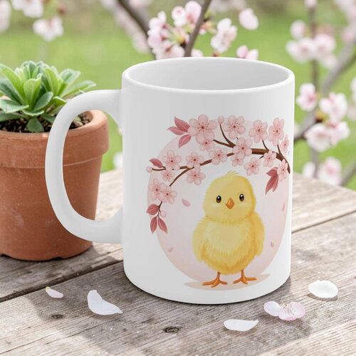 Mug poussin & fleurs de cerisier – tasse aquarelle printemps, cadeau pâques & cerisier japonais