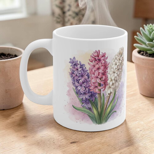 Mug jacinthes aquarelle – tasse fleurs rose, violet & blanc, cadeau botanique & déco jardin