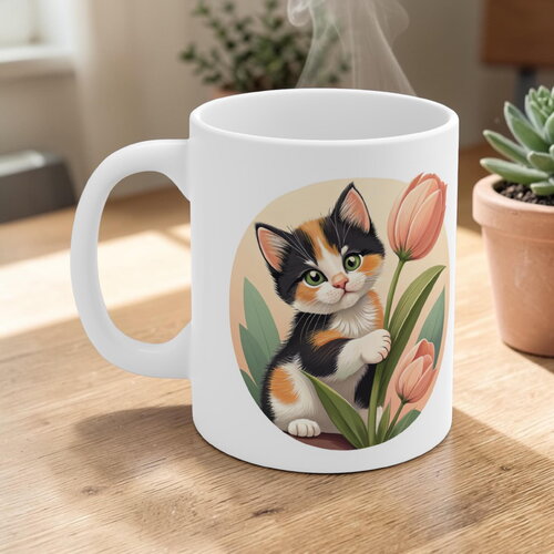 Mug chaton calico & tulipes roses – tasse aquarelle printemps, cadeau cat mom & jardin enchanté