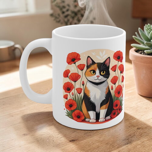 Mug chat calico & coquelicots – tasse aquarelle enchantée, cadeau pour amoureux des chats & jardiniers