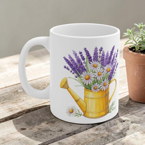 Mug arrosoir jaune & lavande – tasse aquarelle daisies, cadeau jardinier & déco cottagecore
