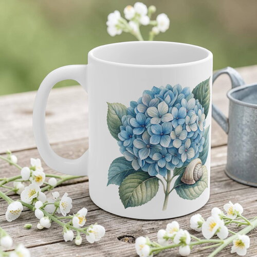 Mug hortensia bleu & coquillage – tasse aquarelle bord de mer, cadeau déco marine & botanique