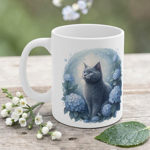 Mug chat bleu russe & hortensias – tasse aquarelle yeux bleus, cadeau de luxe pour amoureux des chats