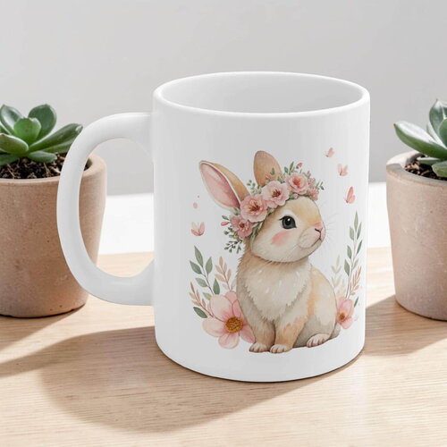 Mug lapin couronne de fleurs – tasse aquarelle printemps, cadeau pâques & lapereau mignon